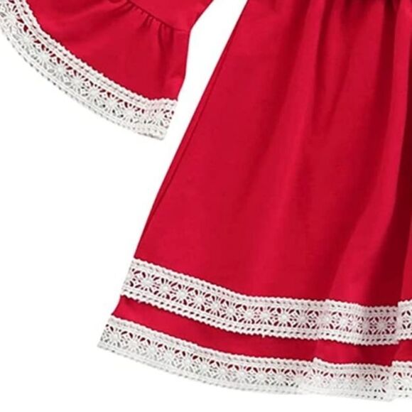 NWT Lace Trim Toddler Girls Christmas Flare Long Sleeve Dress w/ Gold Bow Set - Picture 3 of 6
